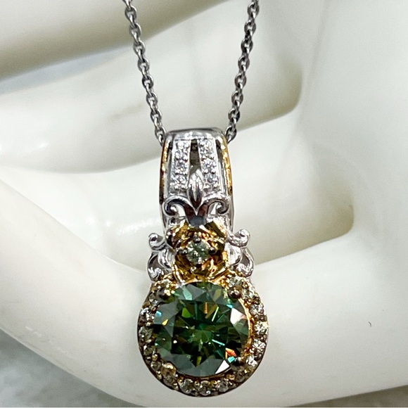 Jewelry - Green and White Moissanite Green Sapphire Sterling Silver Pendant 20” Necklace